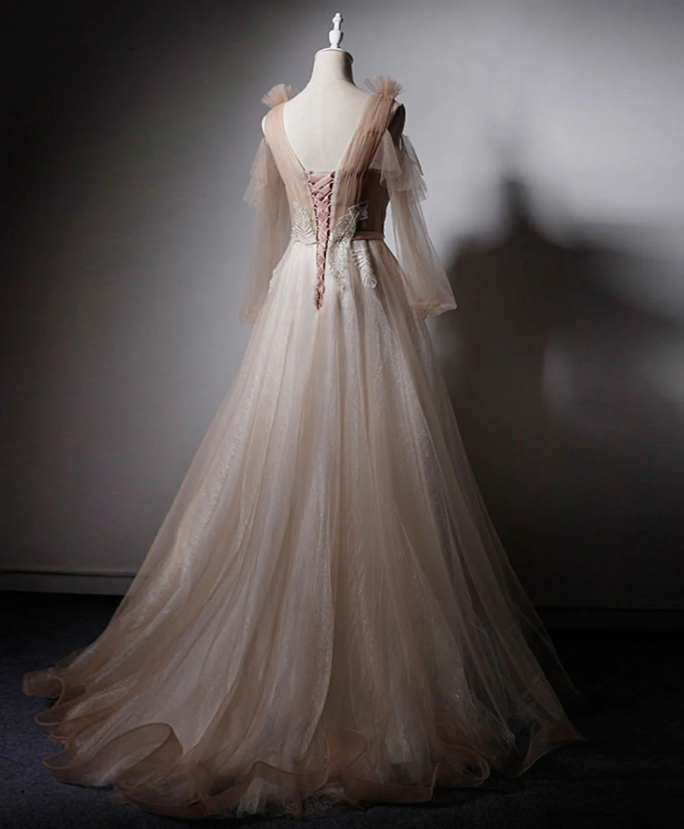 Delicate A Line V Neck Tulle Long Sleeves Applique Long Prom Dress,Evening Dress GG312
