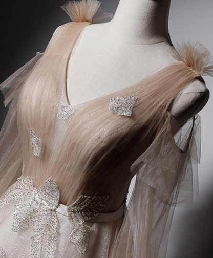 Delicate A Line V Neck Tulle Long Sleeves Applique Long Prom Dress,Evening Dress GG312