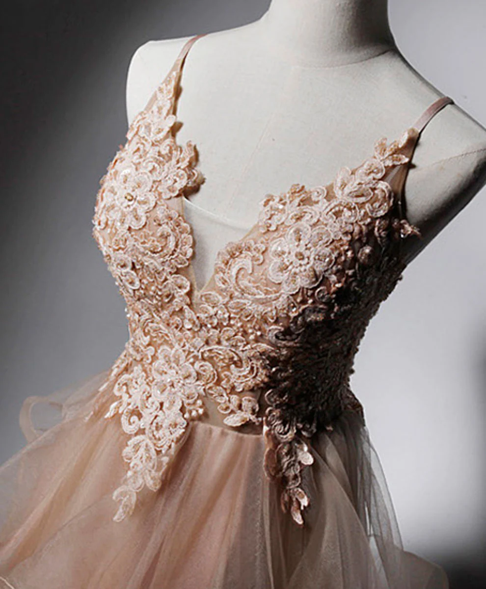 Delicate A Line Spaghetti Straps V Neck Tulle Applique Long Prom Dress,Evening Dress GG313