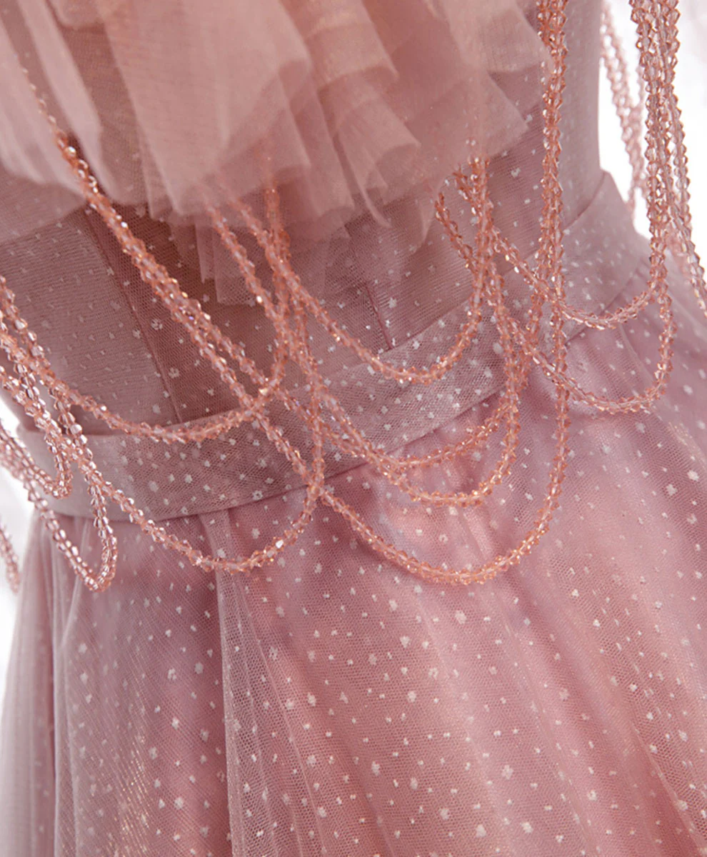 ELegant A Line Spaghetti Straps Off The Shoulder Pink Beading Tulle Long Prom Dress,Evening Dress GG315