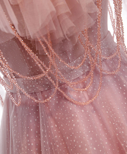 ELegant A Line Spaghetti Straps Off The Shoulder Pink Beading Tulle Long Prom Dress,Evening Dress GG315