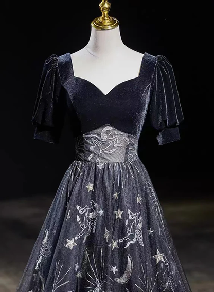 Elegant A Line Sweetheart Black Velvet Floral Tulle Short Bubble Sleeves Long Prom Dress,Evening Dress GG322