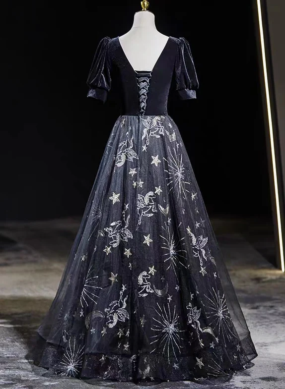 Elegant A Line Sweetheart Black Velvet Floral Tulle Short Bubble Sleeves Long Prom Dress,Evening Dress GG322