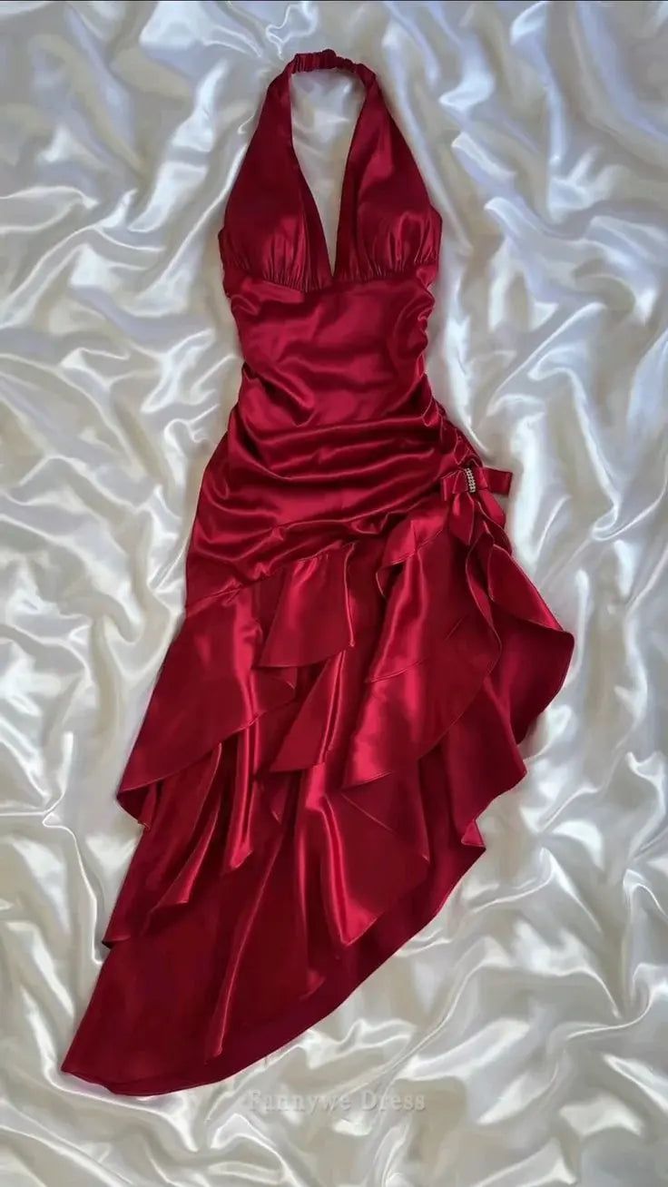Sexy A Line Halter Burgundy Satin Short Prom Dress,Homecoming Dress,Birthday Dress GG3251
