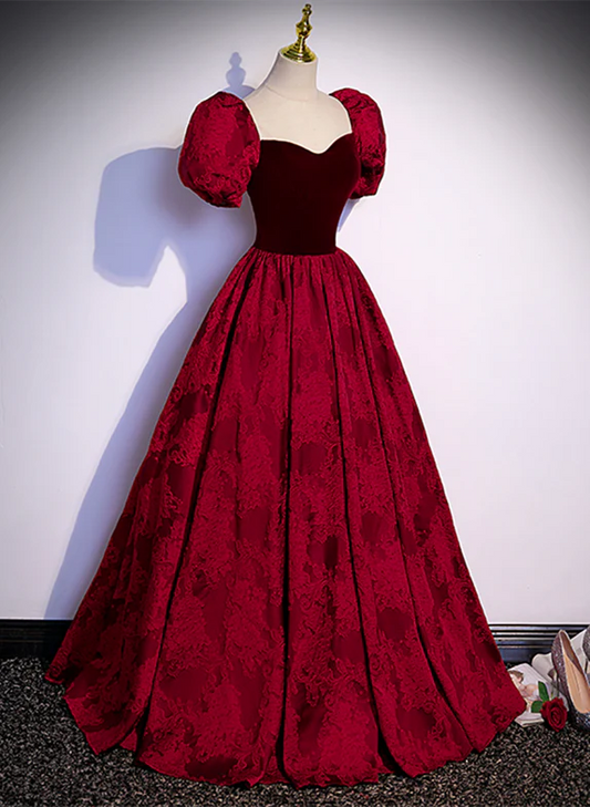 Elegant A Line Sweetheart Red Velvet Floral Satin Short Bubble Sleeves Long Prom Dress,Evening Dress GG331