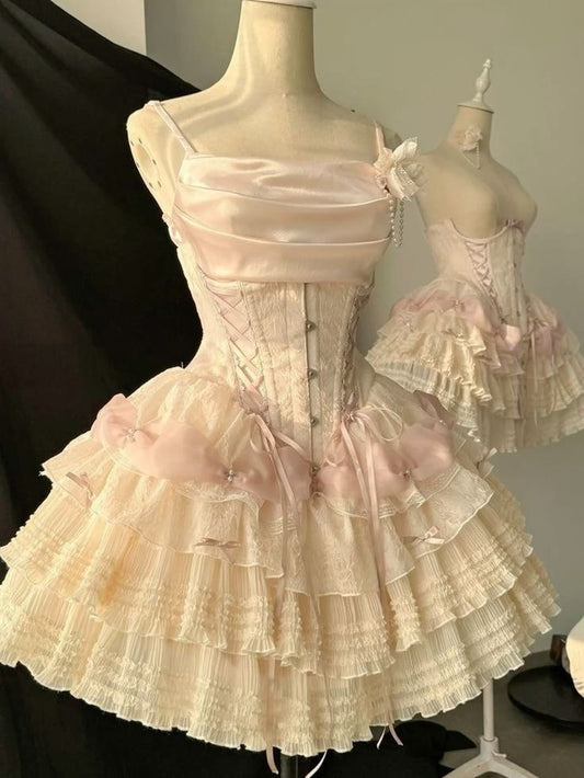Sweet Ball Gown Spaghetti Straps Satin Tulle Lace Short Prom Dress,Homecoming Dress,Birthday Dress GG3325