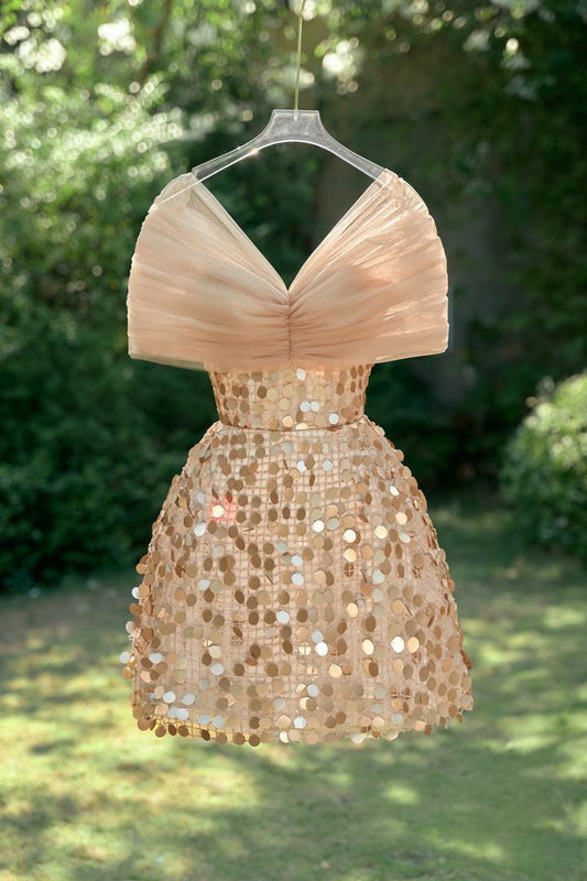 Champagne A Line Off The Shoulder Tulle Sequin Short Prom Dress,Homecoming Dress,Birthday Dress GG3329