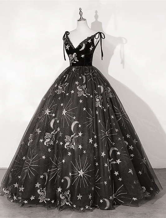 ELegant Ball Gown Spaghetti Straps Black Tulle Applique Long Prom Dress,Evening Dress GG333