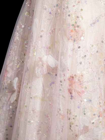 Exuisite A Line Off The Shoulder Tulle Sequins Floral Long Prom Dress,Evening Dress GG334
