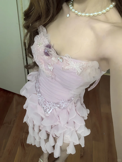 Pink A Line Strapless Chiffon Ruffles Short Prom Dress,Homecoming Dress,Birthday Dress GG3371