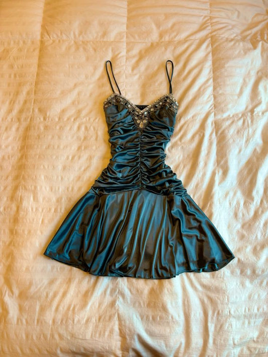Unique A Line Spaghetti Straps Satin Pleated Short Prom Dress,Homecoming Dress,Birthday Dress GG3401