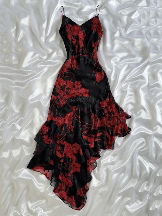 Vintage A Line Sapghetti Straps Chiffon Floral Short Prom Dress,Homecoming Dress,Birthday Dress GG3447