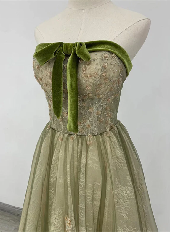 Elegant A Line Strapless  Green Satin Bow Long Prom Dress,Evening Dress GG344
