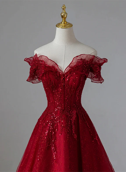 Elegant A Line Off The Shoulder Sweetheart Wine Red Tulle Sequin Long Prom Dress,Evening Dress GG347