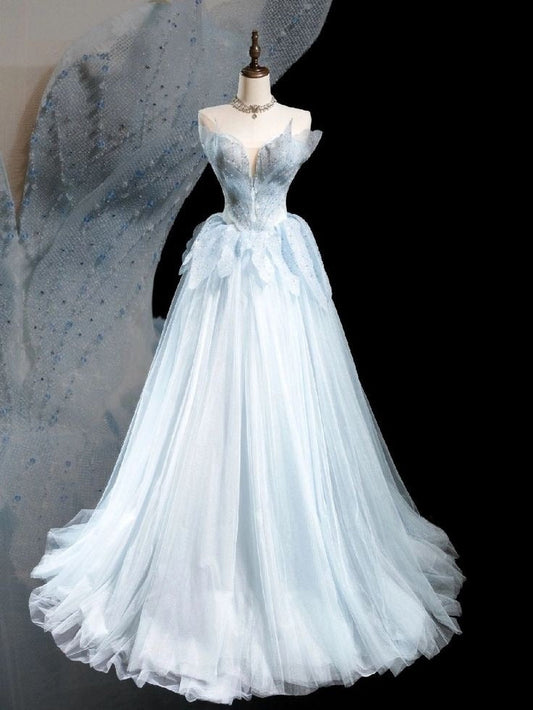 Stunning A Line Strapless Tulle Sequin Beads Long Prom Dress,Party Dress,Evening Dress GG3507