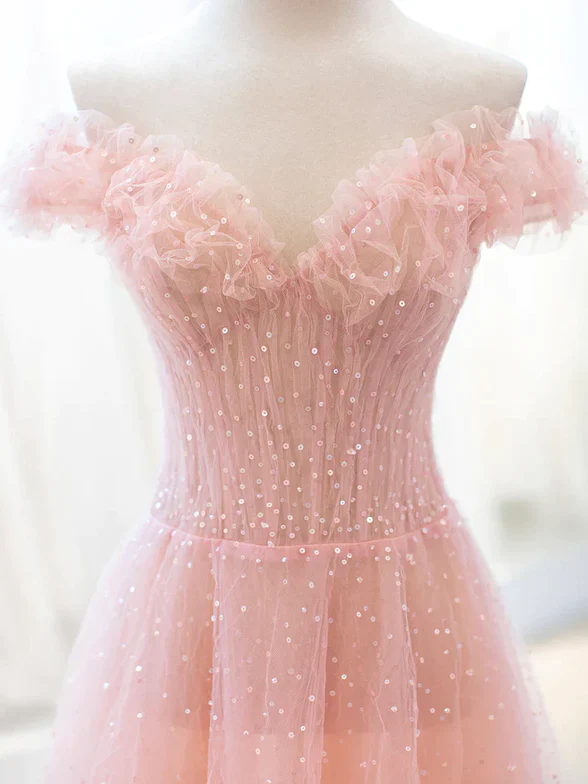 Elegant A Line Peach Off The Shoulder Sweetheart Tulle Sequin Long Prom Dress,Evening Dress GG354