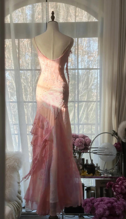 Gorgeous Mermaid Spaghetti Straps Satin Chiffon Printed Beads Long Prom Dress,Party Dress,Evening Dress GG3568