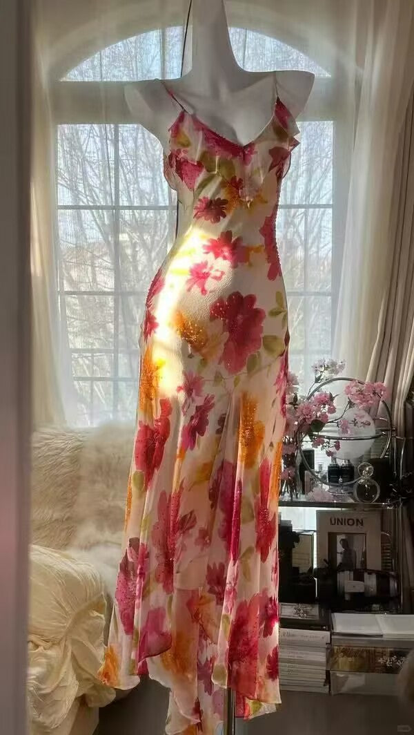 Unique Mermaid Spaghetti Straps Satin Chiffon Printed Flowers Beads Long Prom Dress,Party Dress,Evening Dress GG3570