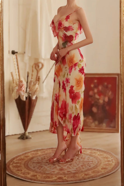Unique Mermaid Spaghetti Straps Satin Chiffon Printed Flowers Beads Long Prom Dress,Party Dress,Evening Dress GG3570