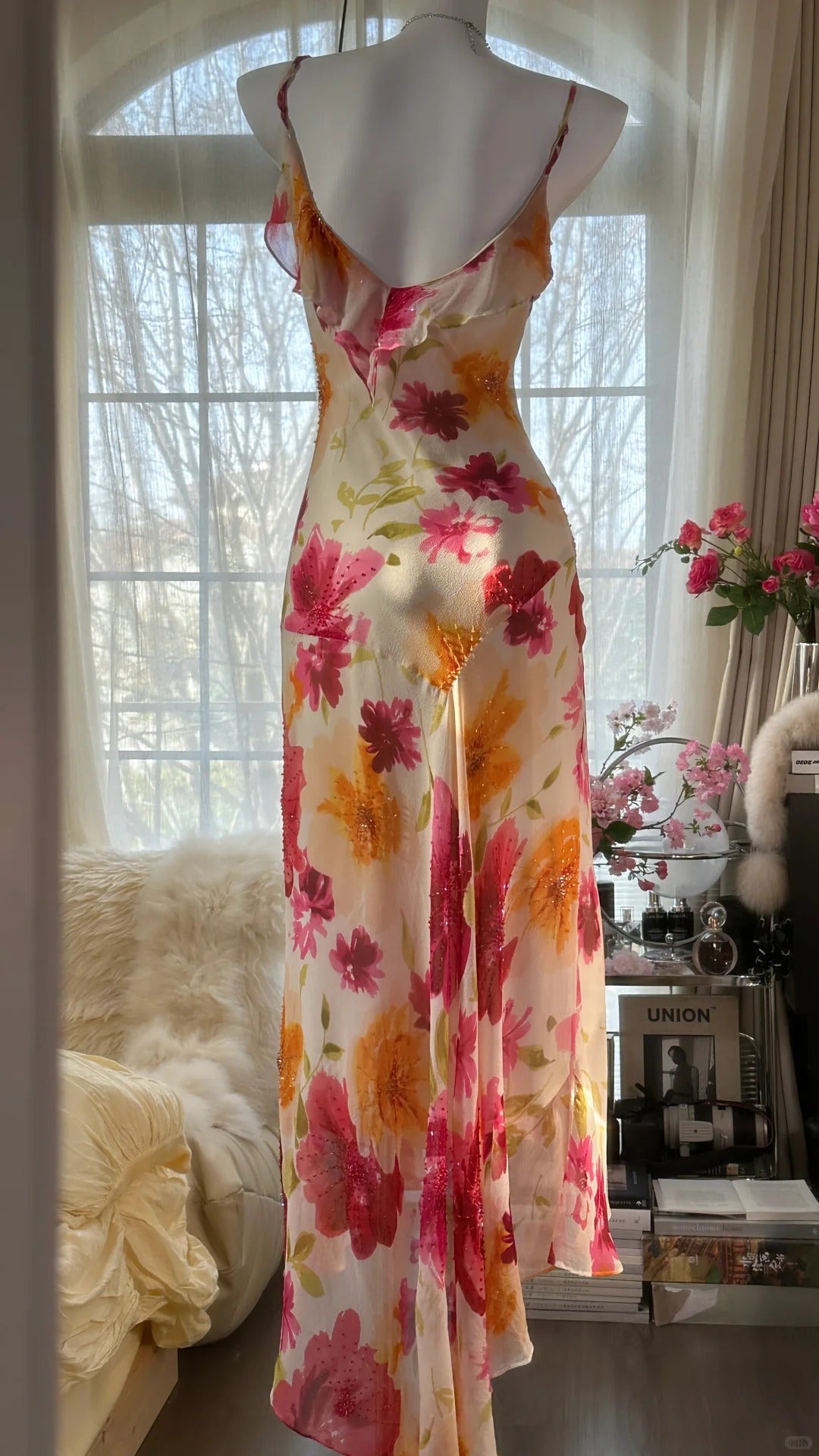 Unique Mermaid Spaghetti Straps Satin Chiffon Printed Flowers Beads Long Prom Dress,Party Dress,Evening Dress GG3570