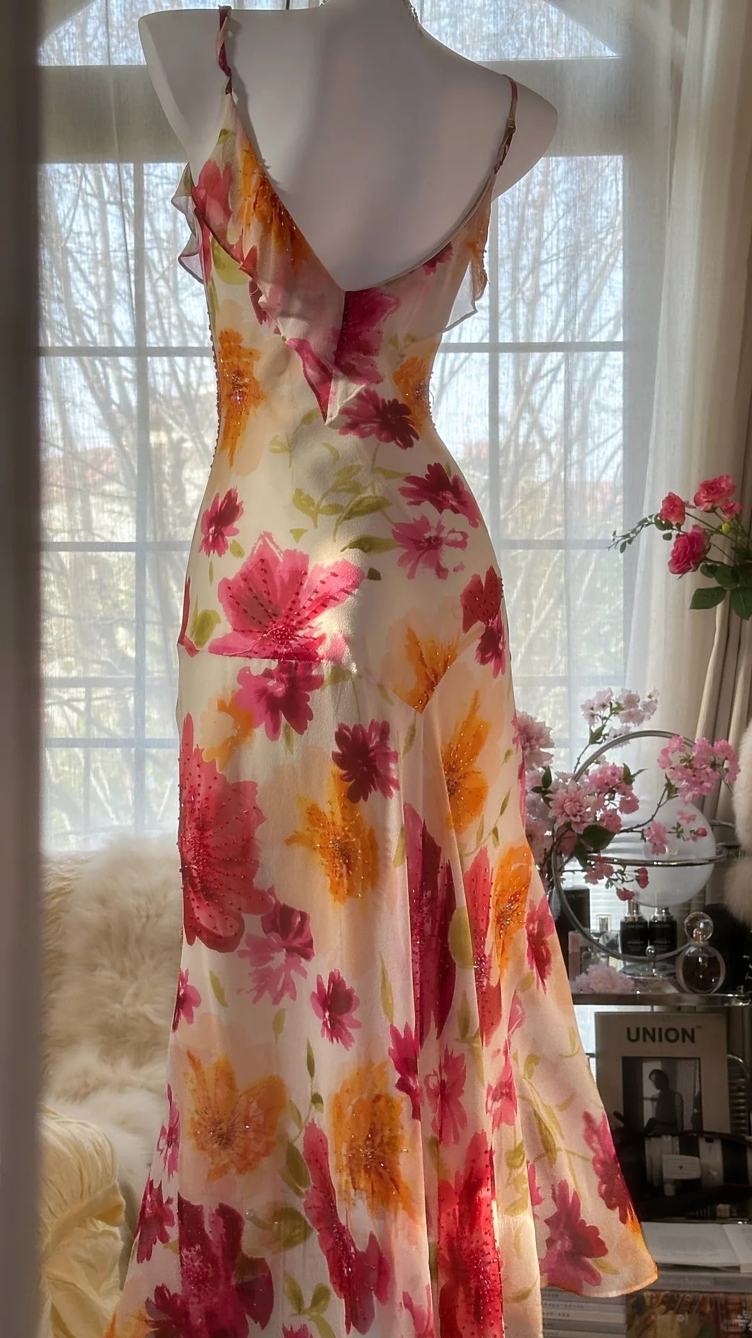 Unique Mermaid Spaghetti Straps Satin Chiffon Printed Flowers Beads Long Prom Dress,Party Dress,Evening Dress GG3570