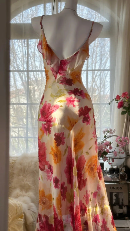 Unique Mermaid Spaghetti Straps Satin Chiffon Printed Flowers Beads Long Prom Dress,Party Dress,Evening Dress GG3570