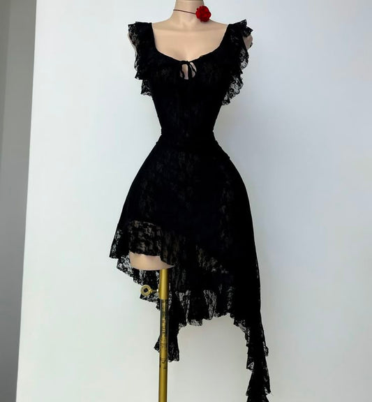 Charming Black A Line Satin Lace Short Prom Dress,Homecoming Dress,18th Birthday Dress GG3573