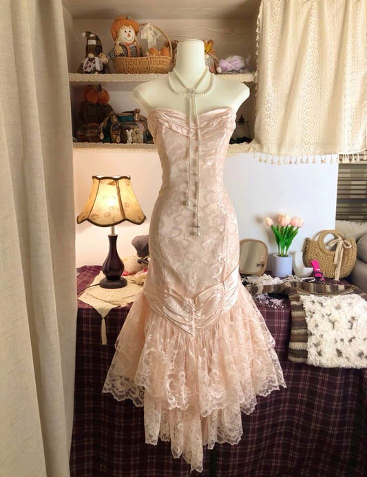 Dreamy Mermaid Strapless Satin Lace Long Prom Dress,Party Dress,Evening Dress GG3623
