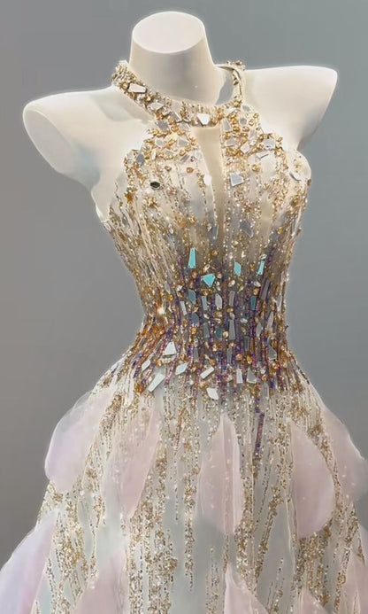 Gorgeous A Line Halter Tulle Sequin Beads Long Prom Dress,Party Dress,Evening Dress GG3629