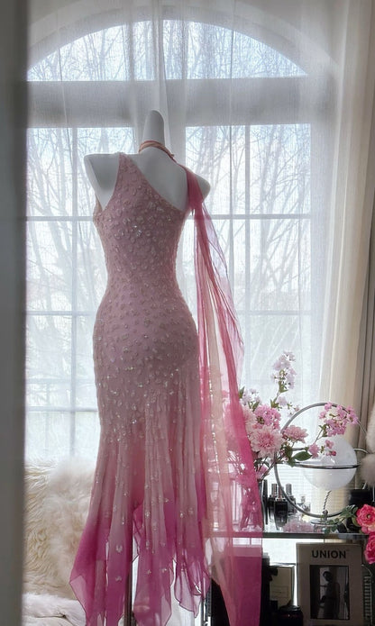 Stunning Mermaid Spaghetti Sttraps Chiffon Sequin Long Prom Dress,Party Dress,Evening Dress GG3649