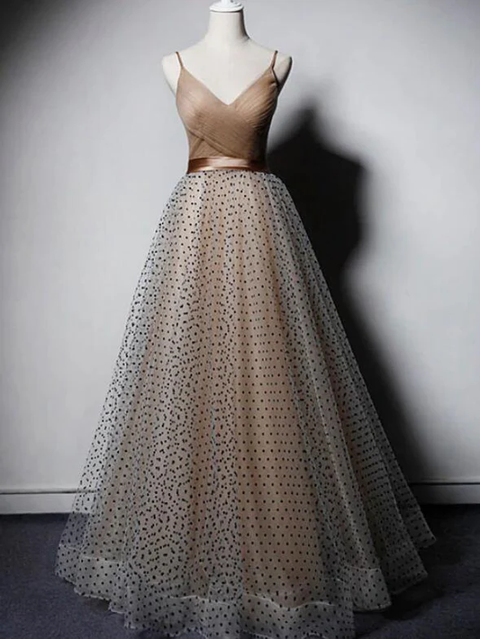 Elegant A Line V Neck Spaghetti Straps Tulle  Long Prom Dress,Evening Dress GG366