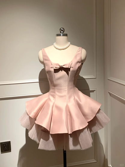 Sweet 16th Pink A Line U Neck Satin Tulle With Bow Short Homecoming Dress,Summer Birthday Dress GG3698