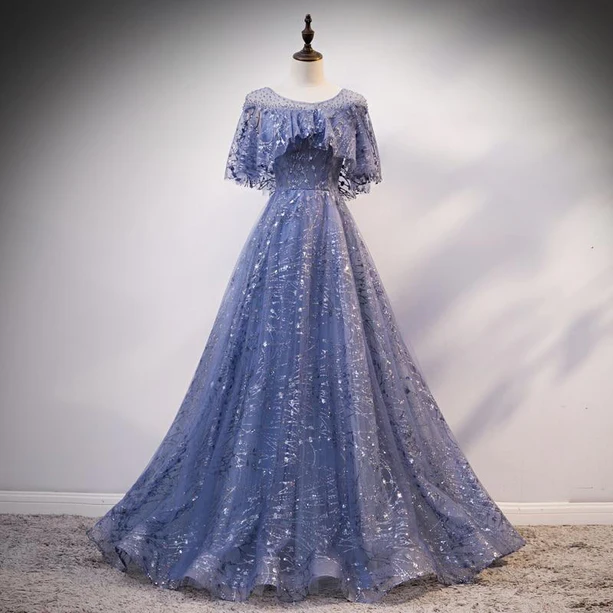 Glam A Line Jewel Purple Tulle Beading Long Prom Dress,Evening Dress GG369