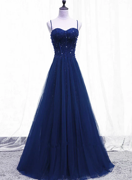 Glam A Line Beaded Spaghetti Straps Sequin Tulle Long Prom Dress,Evening Dress GG372