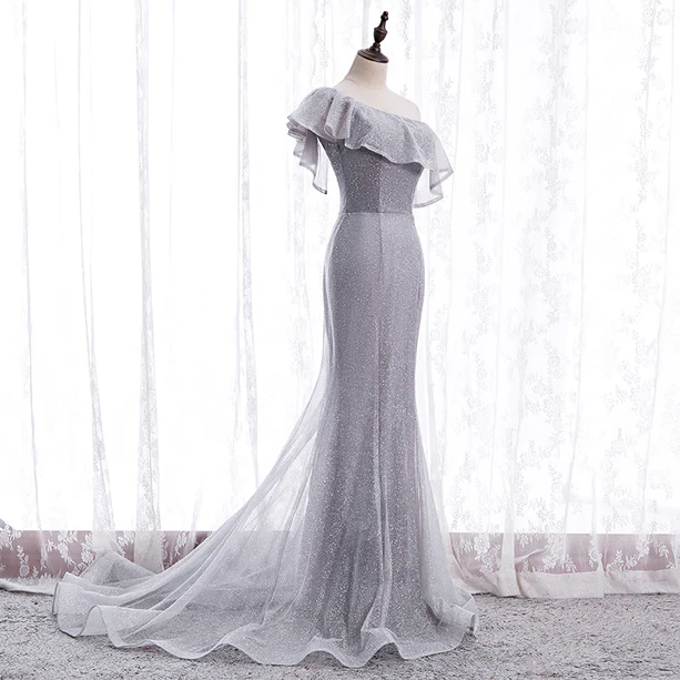 Shiny Mermaid Grey One Shoulder Tulle Long Prom Dress,Evening Dress GG374