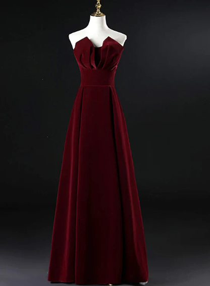 Beautiful A Line Strapless Wine Red Velvet Long Prom Dress,Evening Dress GG377