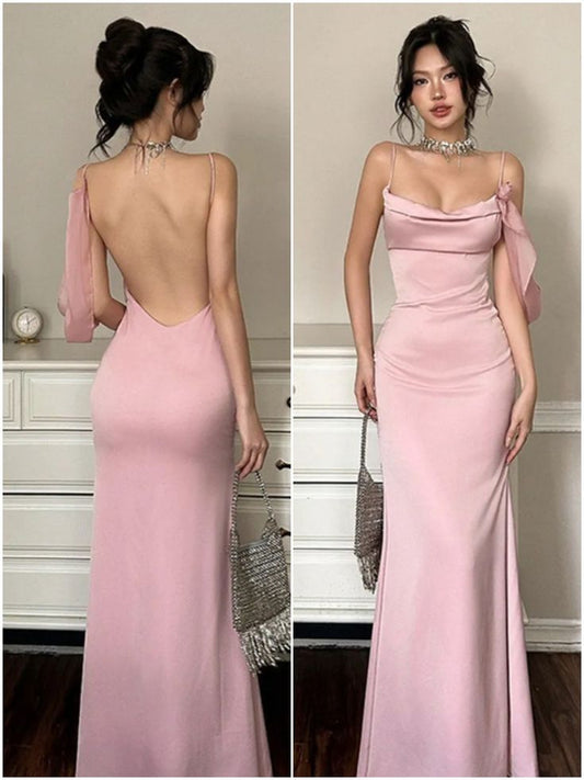 Sexy Pink Mermaid Spaghetti Straps Satin Backless Long Prom Dress,Party Dress,Evening Dress GG3849