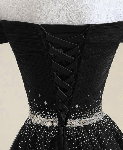 Gorgeous A Line Off The Shoulder Black Tulle Beaded Long Prom Dress,Evening Dress GG390