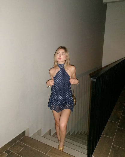 Halter A Line Chiffon Polka Dots Backless Short Homecoming Dress,Summer 22th Birthday Dress GG3916