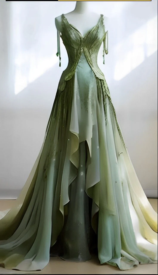 New Elegant A Line Champagne V Neck Chiffon Sweep Long Prom Dress,Evening Dress GG393