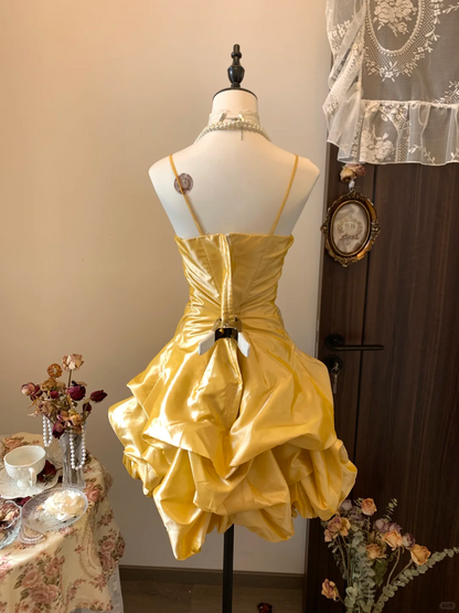 Yellow A Line Spaghetti Straps Satin With Bow Short Homecoming Dress,Summer 18th Birthday Dress GG3940