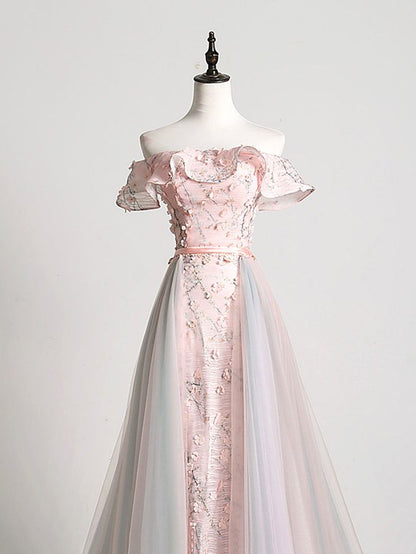 Elegant A Line Off The Shoulder Pink Applique Tulle Long Prom Dresses,Evening Dresses GG398