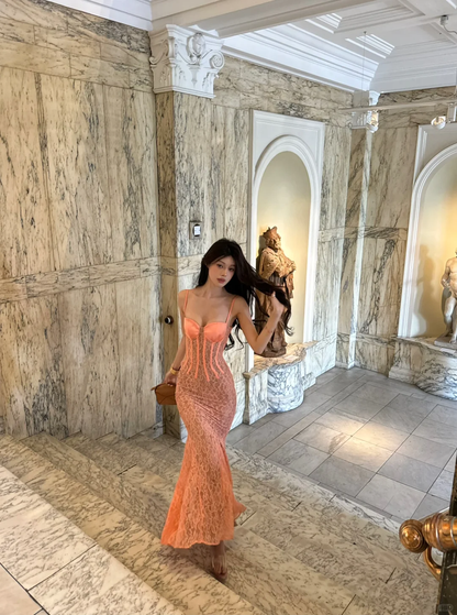 Sexy Mermaid Spaghetti Straps Satin Lace Long Prom Dress,Party Dress,Formal Evening Dress GG4012