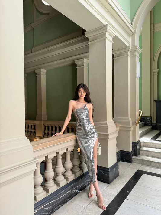 Silver Glitter Mermaid One Shoulder Sequin Slit Long Prom Dress,Party Dress,Formal Evening Dress GG4013