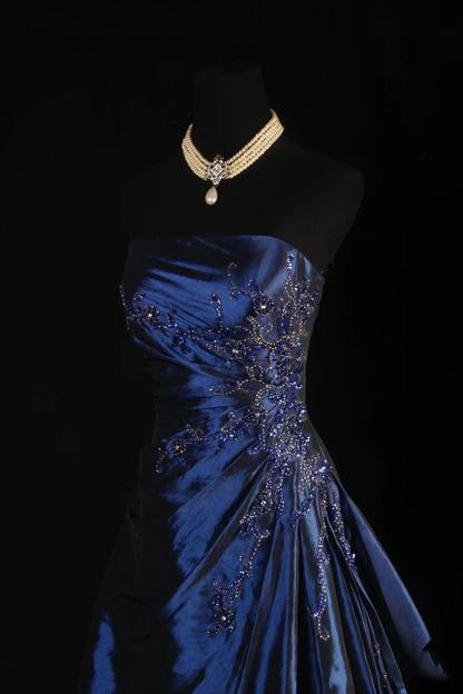 Navy A Line Strapless Satin Pleated Beads Long Prom Dress,Party Dress,Formal Evening Dress GG4136