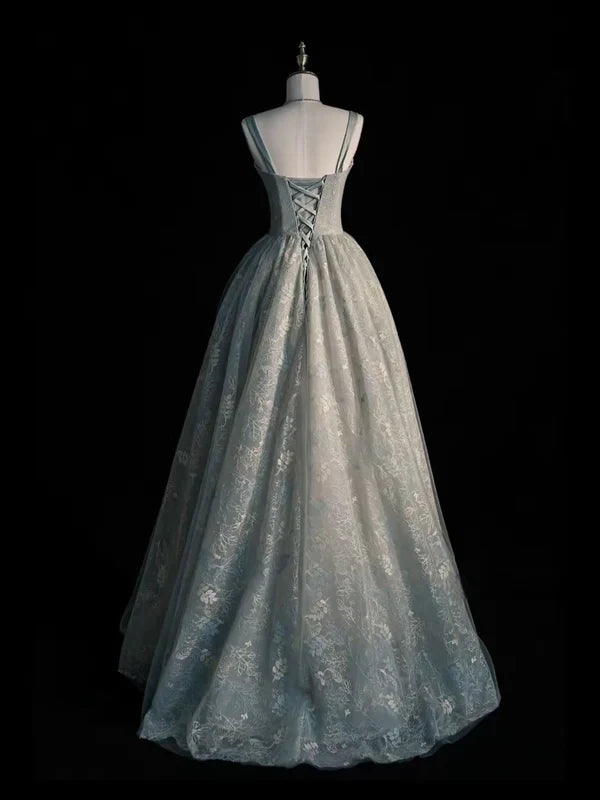 Elegant A Line Square Satin Applique Tulle Long Prom Dress, Evening Dress GG441