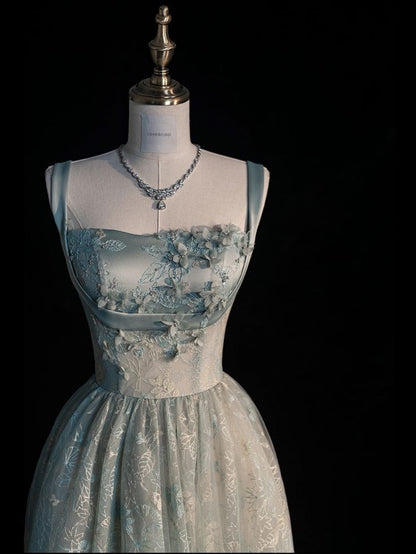 Elegant A Line Square Satin Applique Tulle Long Prom Dress, Evening Dress GG441