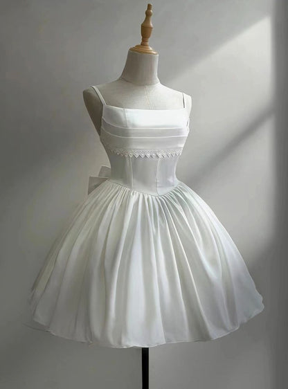 Pretty A Line Spaghetti Straps White Satin Back With Bow Short Homecoming Dress,Summer 16th Birthday Dress GG4580