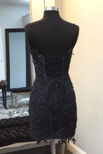 Classy Mermaid Black Sapghetti Straps Satin Beads Short Homecoming Dress,Vacation Dress,Summer 21th Birthday Dress GG4726