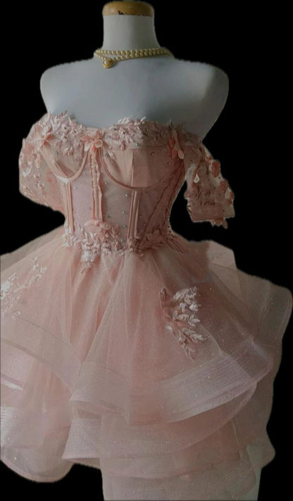Cute Ball Gown Off The Shoulder Tulle Applique Short Homecoming Dress,Vacation Dress,Summer 18th Birthday Dress GG4729
